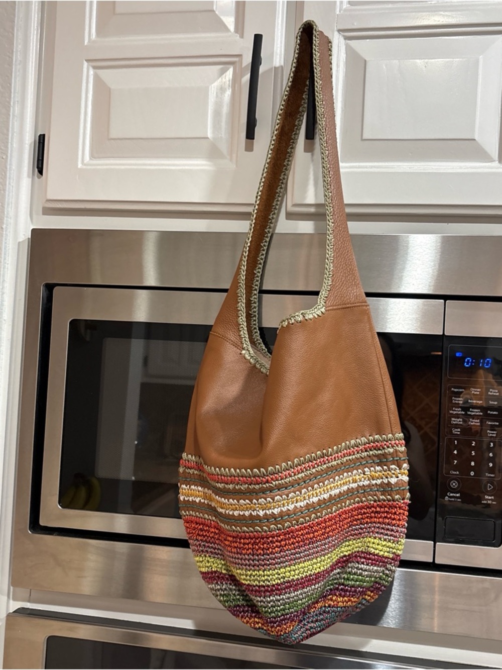 Boho Multi-Color Woven & Tan Leather Shoulder Bag